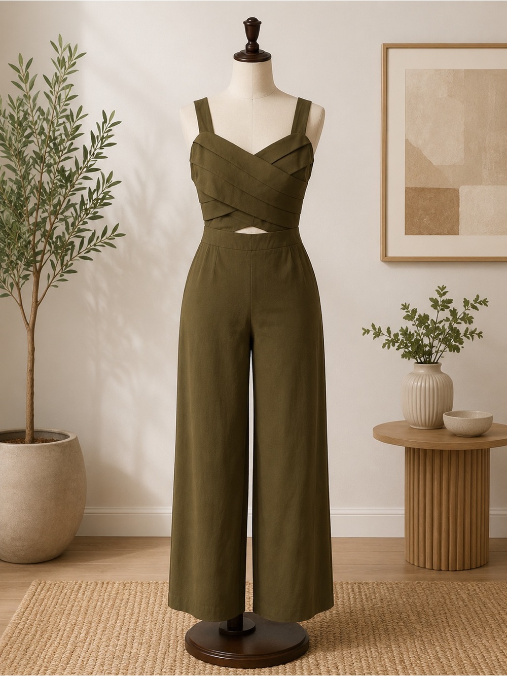 J.O.A. Olive Cross-Front Wide-Leg Jumpsuit